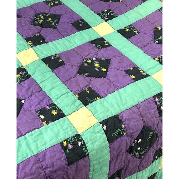 Antique Hand Stitched Square Patchwork Lattice Quilt Cream Backing 64W X 74L Rck - Picture 8 of 12